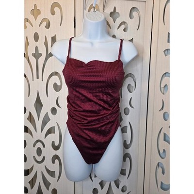 Berlook Burgundy One Piece Swimsuit Textured Ruched Open Back Small