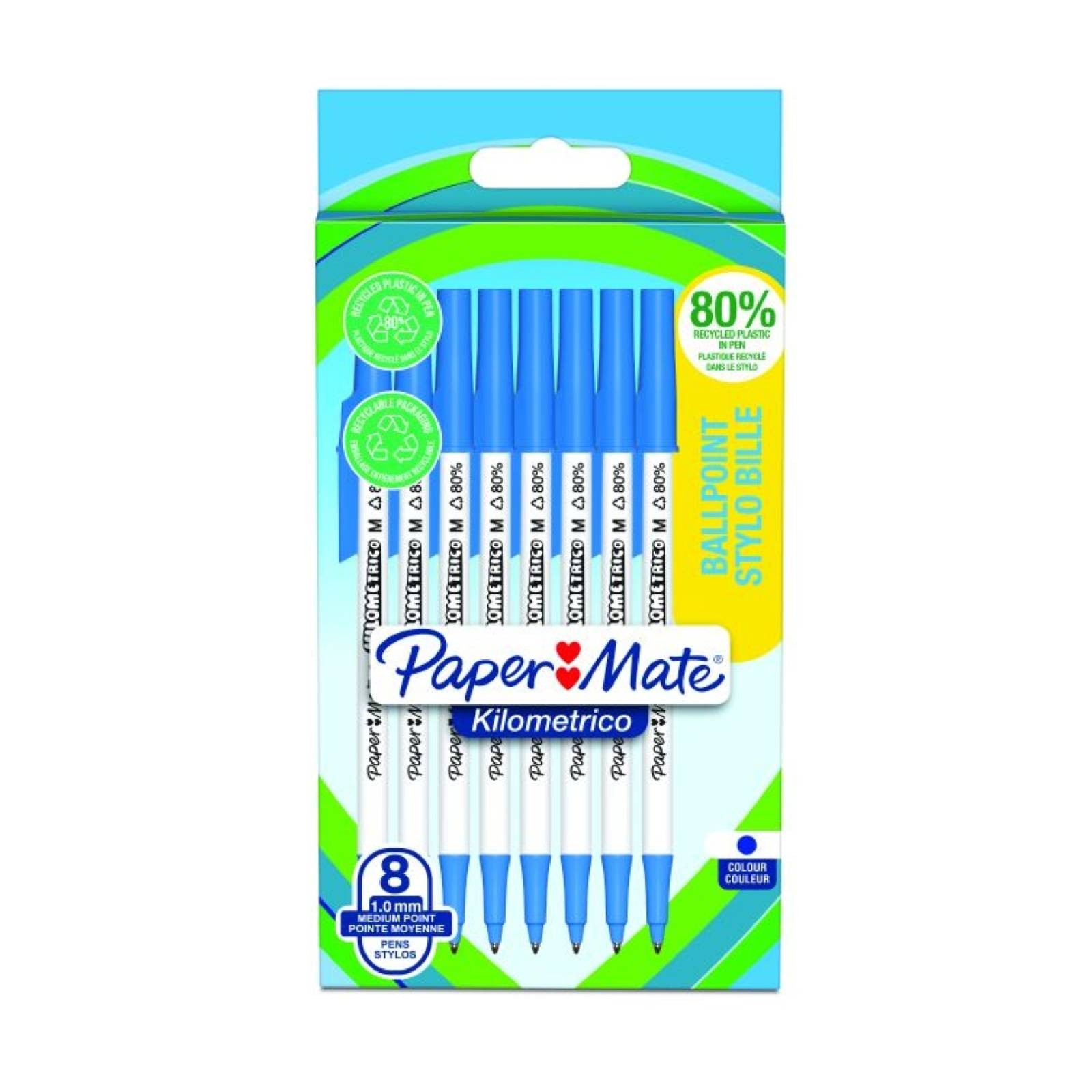 Paper Mate Kilometrico Ballpoint Pens Medium Point (1.0mm) Blue Ink - 8 Pens