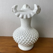 Fenton White Hobnail Milk Glass Vase with Ruffled Edges