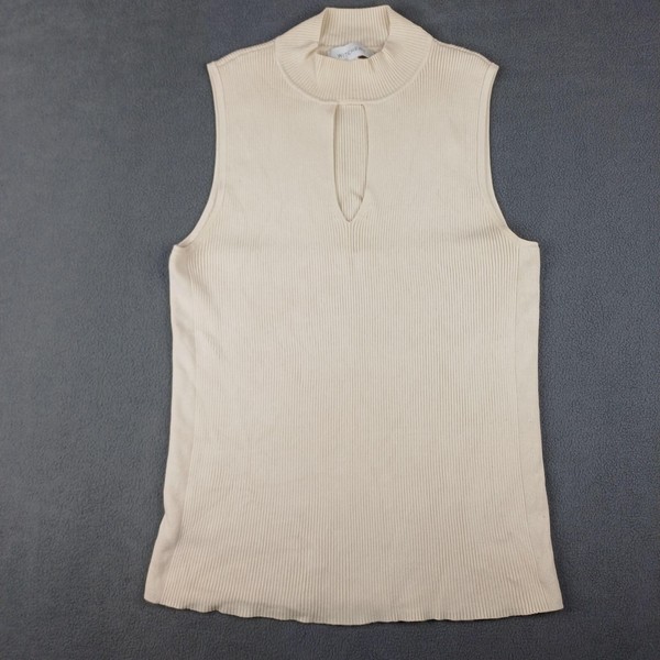 Witchery Tank Top Womens M Beige Rib Knit Mock Neck Keyhole Sleeveless Stretch