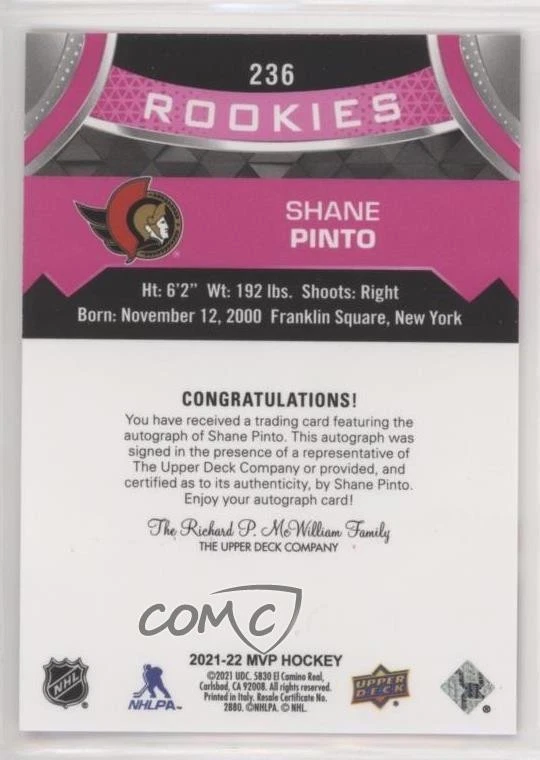 2021-22 Upper Deck MVP Rookie Magenta Auto Shane Pinto #236 Rookie Auto RC - Image 2 of 2