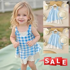 Toddler Baby Girls Summer Outfits Sleeveless Suspender Lace Dress Hat Travel Set