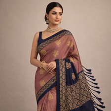 Luxury Dusty Copper Pink Soft Silk Saree Navy Blue Copper Dark Gold Butta