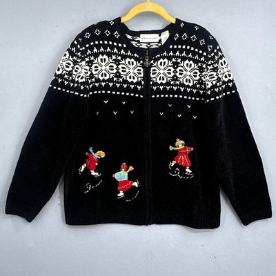 VTG Alfred Dunner Cardigan L Black Nordic Ice Skate Zip Fair Isle Sweater Granny