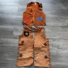 Vintage Kids Leather Fringe Studded Chaps Vest Cowboy Rodeo Outfit Size 10