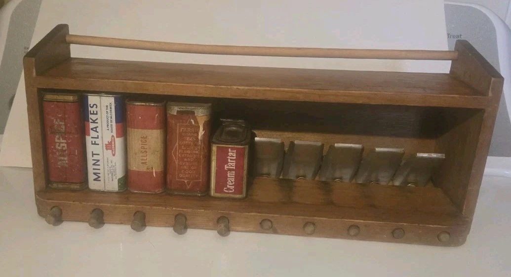 Vintage Wooden Spice Rack Rustic Wall Table With 5 Tins Walt Pierce Push Pegs