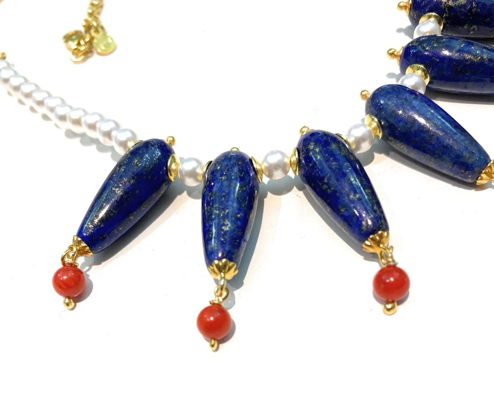 Collana Choker Lapislazzuli Perle Corallo Argento Sterling Pezzo Unico - Immagine 2 di 4