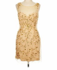 Jovani Beige/Gold Mesh Beaded Sequin Sheath Dress Sz 12 Scoop Neck