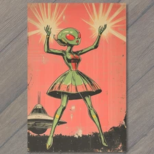 Art Print Alien Girl Green Dress Red Eyes Spaceship Hovering SciFi Retro Power