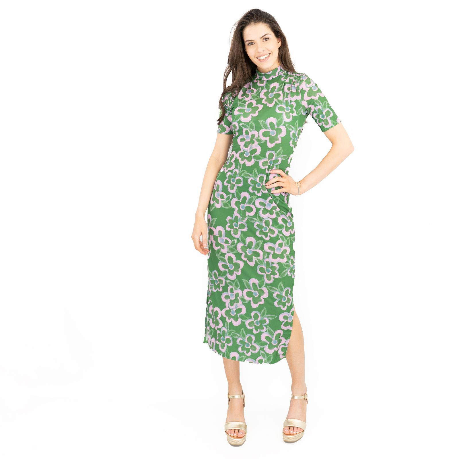 Nasty Gal Dress Floral Midi Green Short Sleeve A-Line Lightweight Summer Holiday