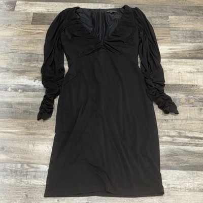 David Meister Ruched Long Sleeve Knit Cocktail Dress Black Size 6 LBD Designer