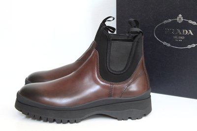 New sz 9 / 8 PRADA Brown Leather Brixxen Chelsee Pull on  display picture 3