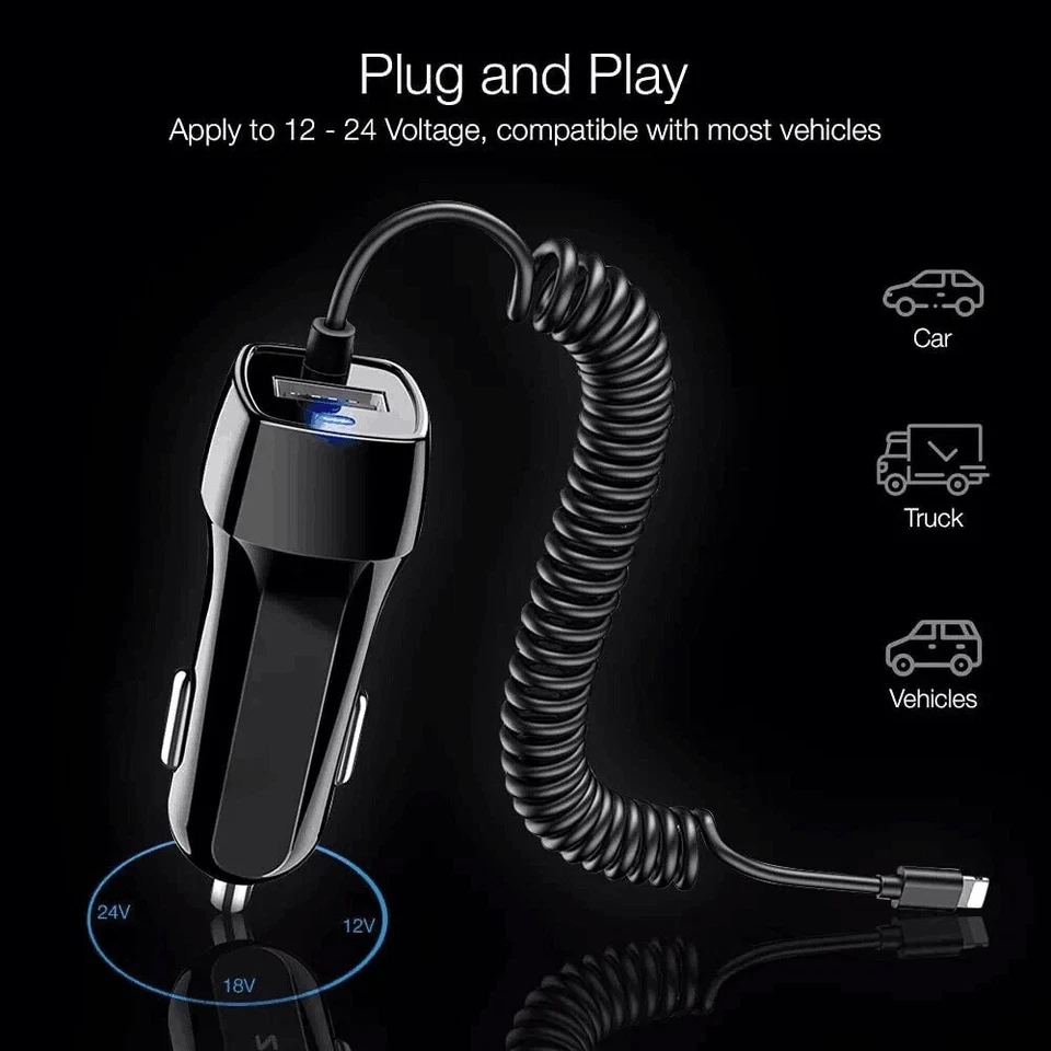 USB Car Charger Adapter for iPhone 14 13 12 11 Pro Max X XS Fast Charging Cable - Image 4 of 4