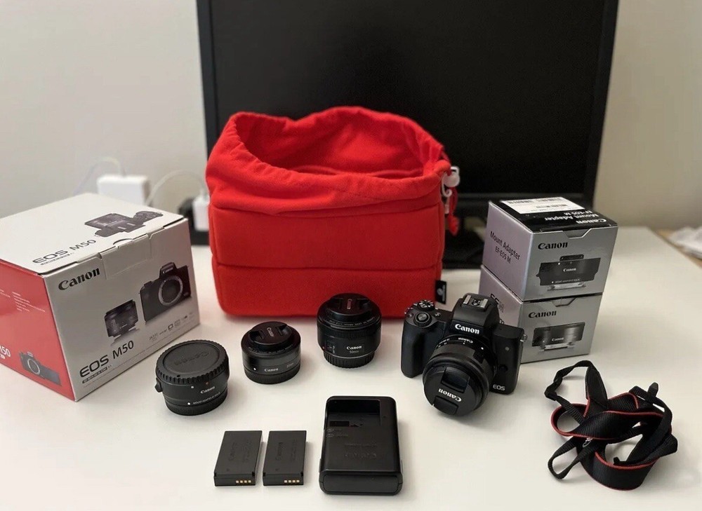 Canon M50 Camera Bundle - 3 Canon Lenses, Canon EF Adapter, Canon Batteries