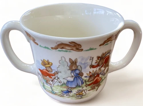 Royal Doulton BUNNYKINS Child Cup Mug Double Handle Cowboys Toddler Rabbit VTG
