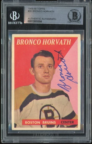 Bronco Horvath Signed 1958-59 Topps Card #35 Boston Bruins BAS Slabbed Auto