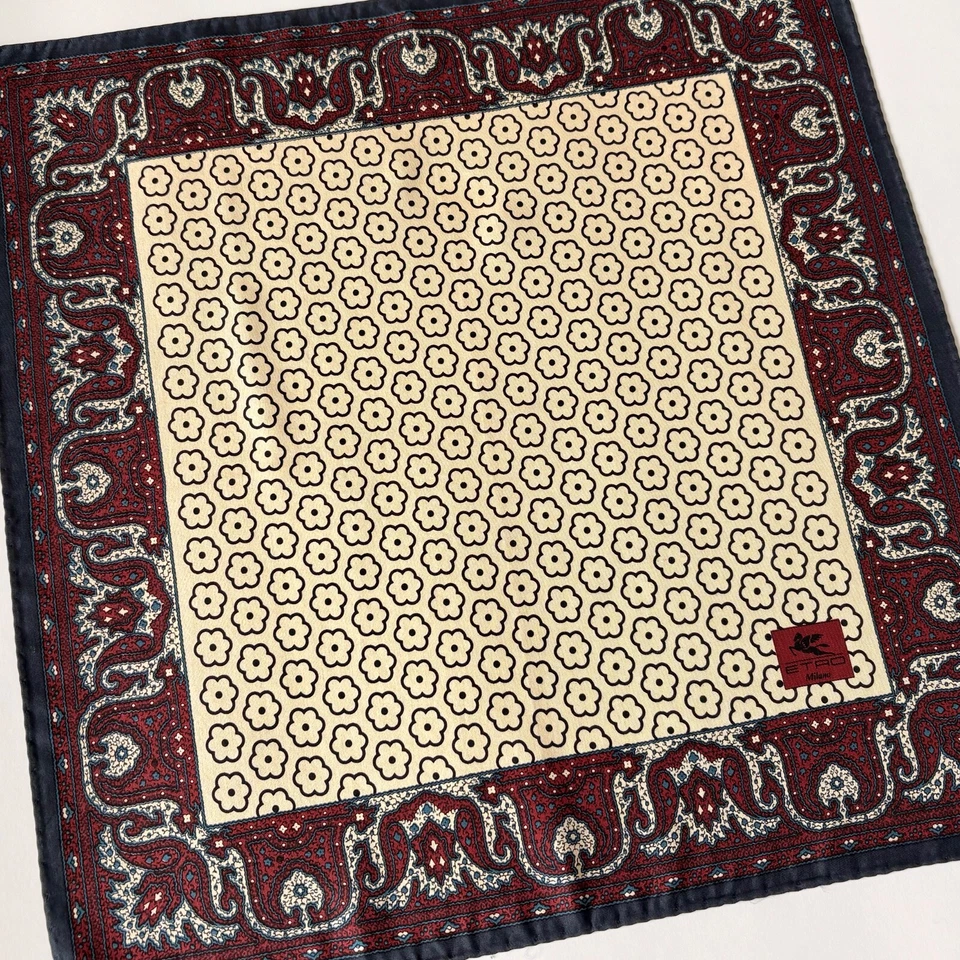 ETRO MILANO SEDA PEQUEÑO BOLSILLO BUFANDA PAÑUELO PAISLEY FLORAL AZUL 40 cm 15 pulgadas Foto 4 de 4