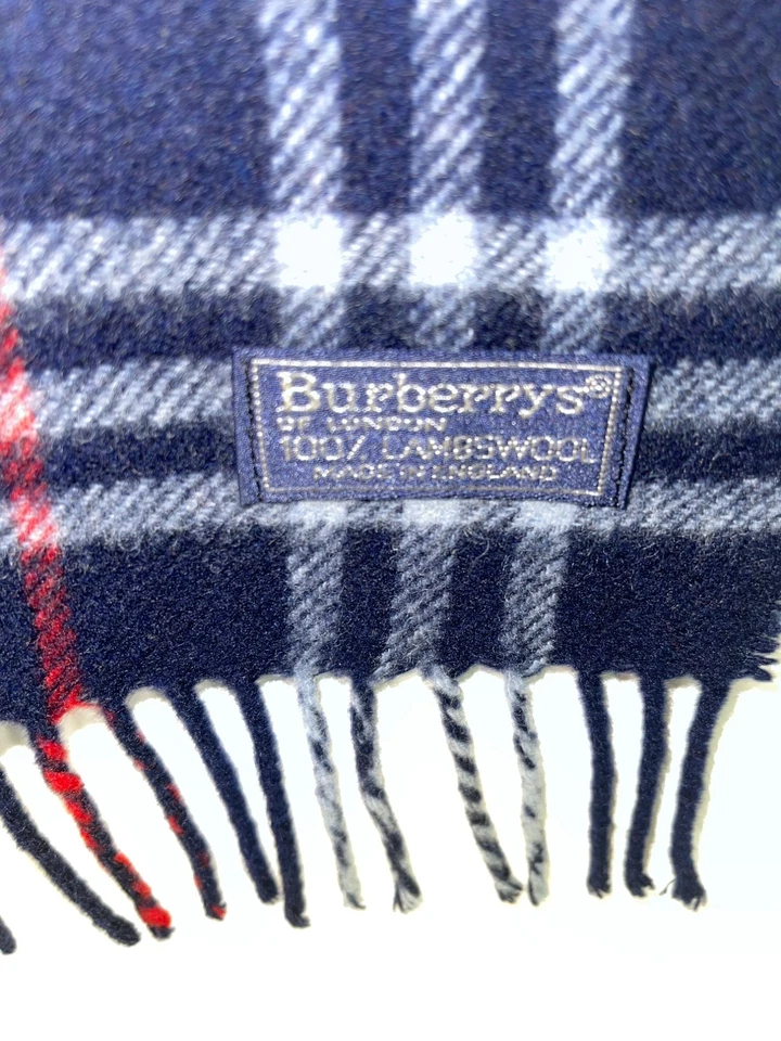 Burberrys Scarf Vintage Womens One Size Blue Check Pure Lambswool Fringe England - Image 4 of 4
