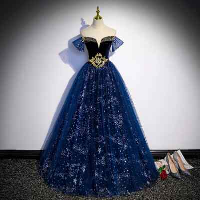 Blue evening gown sexy strapless pleated long skirt sequined ball gown |  eBay