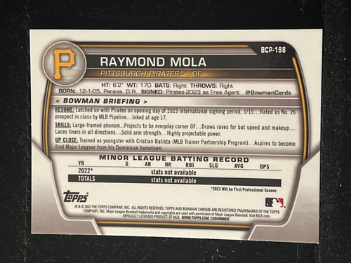 2023 Bowman Chrome Mega Box Mojo Refractor #BCP-198 Raymond Mola Pirates 1st!!! - Picture 2 of 2