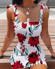 Womens Sexy Boho Floral Strappy Mini Dress Bodycon Summer Holiday Beach Sundress