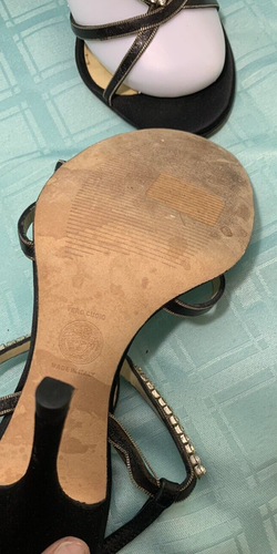 VERSACE SCHWARZ Strass Schmuck Absätze Knöchelriemen offene Zehenpartie Leder Gr. 7/37 LESEN - Bild 16 von 17