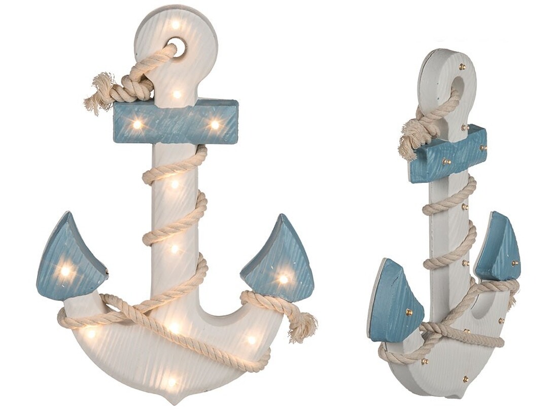 maritime Shabby Dekoration Holzanker mit Seil LED Beleuchtung Boot Schiff Anker