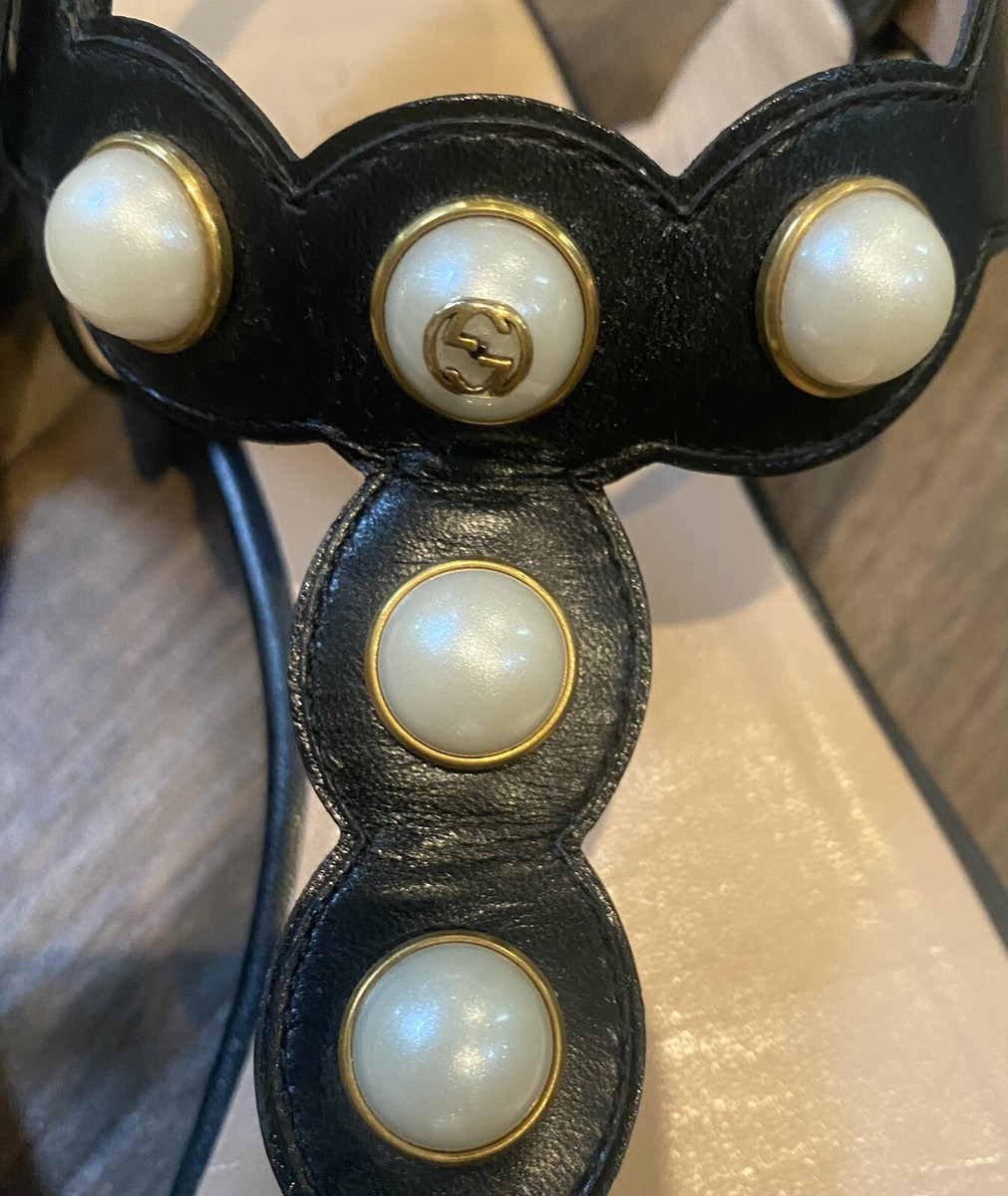 GUCCI ブラック ストラップミュール GUCCI Black Leather GG Pearl Studs/Ankle Strap Sandals Size