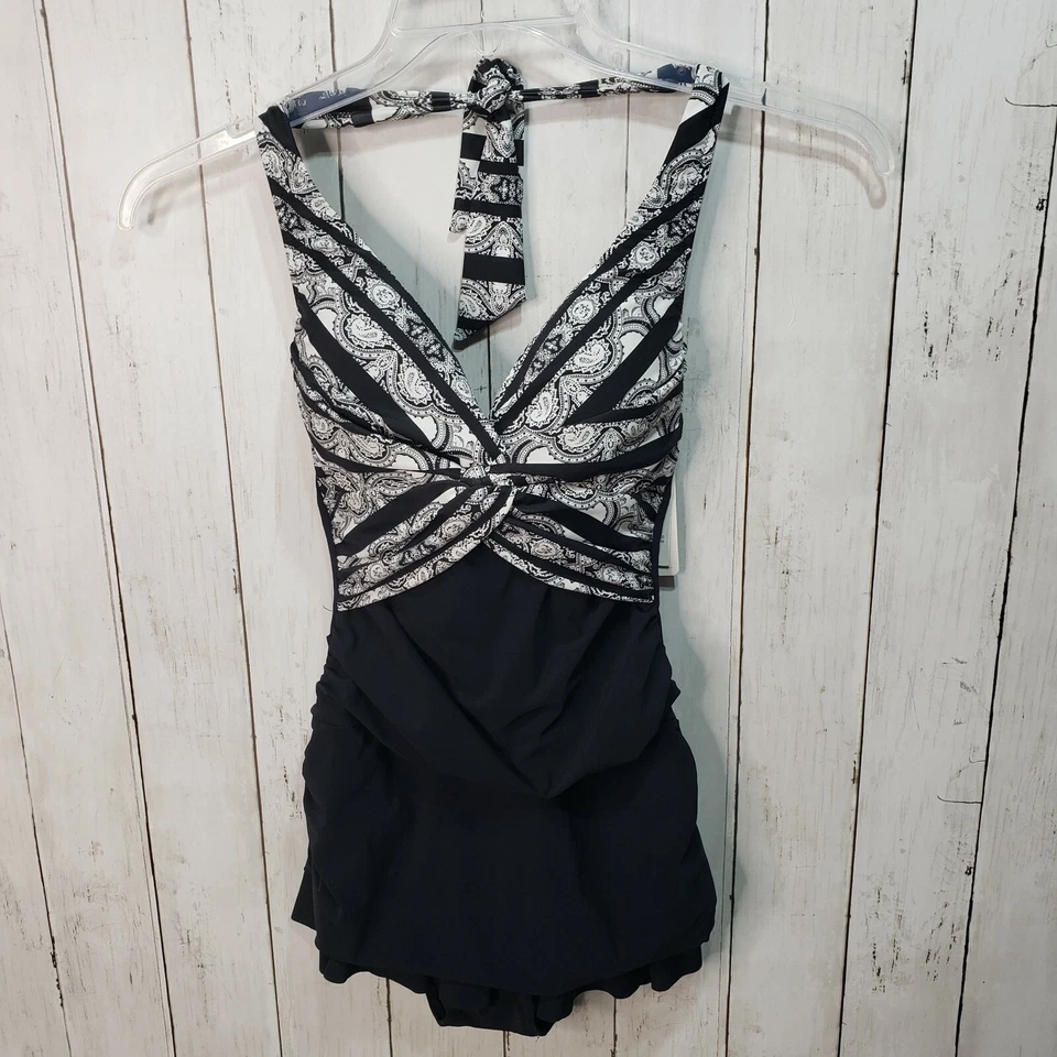 NUEVO CON ETIQUETAS Profile by Gottex Negro Blanco Paisley Halter Falda Con Aros Traje de Baño Talla 6 Foto 3 de 4