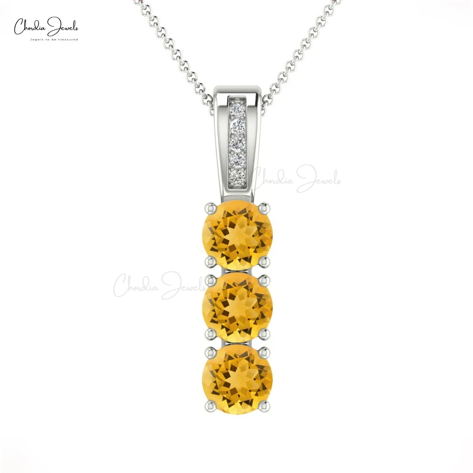 Colgante de tres piedras con citrino natural y pavé de diamantes en joyería de oro fino de 14 k Foto 3 de 4