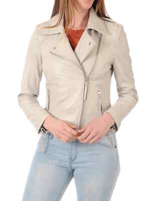 Women Real Leather Jacket Bomber Biker Genuine Lambskin Leather Off-White Jacket