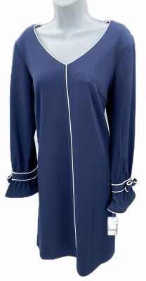 10 Sharagano Blue Crepe Shift Dress Long Sleeves Retro Style