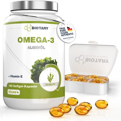 Omega 3 Algenöl 140 Softgel Kapseln, inklusive Pillenbox