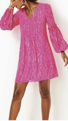 Lilly Pulitzer Cleme Long Sleeve Silk Dress,Pink Palms Chiffon Size 4 NWT