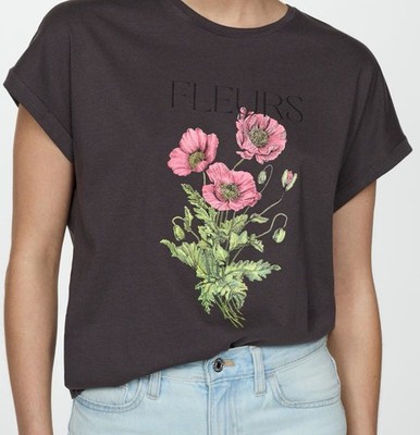 Mango Charcoal Tee with Pink Floral Design