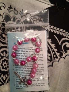 Pink Beaded Christian Finger Rosary Ring w/ Crucifix, Rosary Prayer Instructions