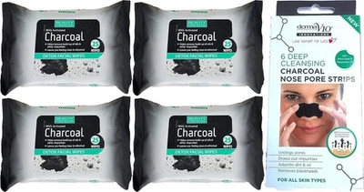 GENERIC Charcoal Facial Wipes 25 Wipes x4 + 6 Deep Cleansing Charcoal Nose Pore Strips