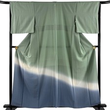Silk M Kimono Green Used 159.5cm Length 66cm Sleeve Blurred Hem