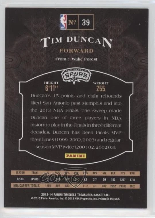 2013-14 Panini Timeless Treasures /299 Tim Duncan #39 HOF - Image 2 of 2