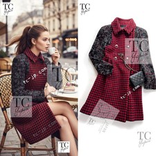 CHANEL 17A Red Black Wool Tweed Runway Coat CC Buttons Karl Lagerfeld 38 US6