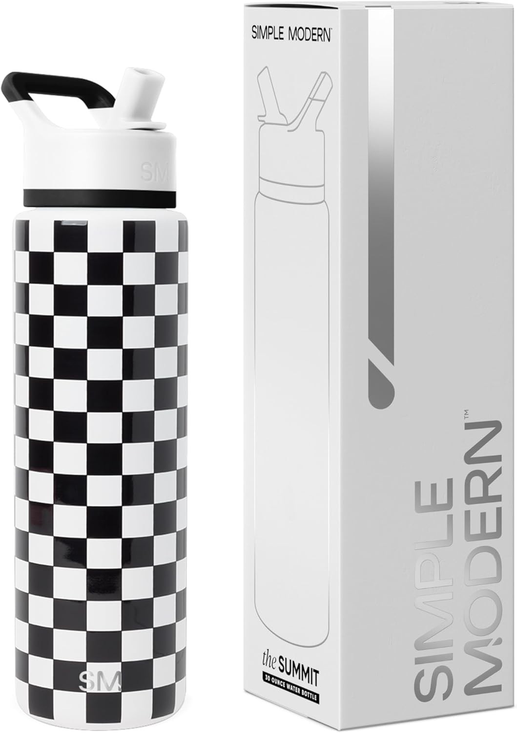Simple Modern Water Bottle with Straw Lid Pattern: Black and White Checkmate 