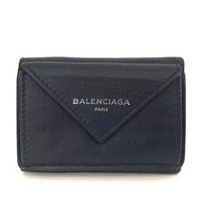 100 Auth BALENCIAGA Everyday Mini Papier Leather Trifold Wallet Navy Blue w/COA
