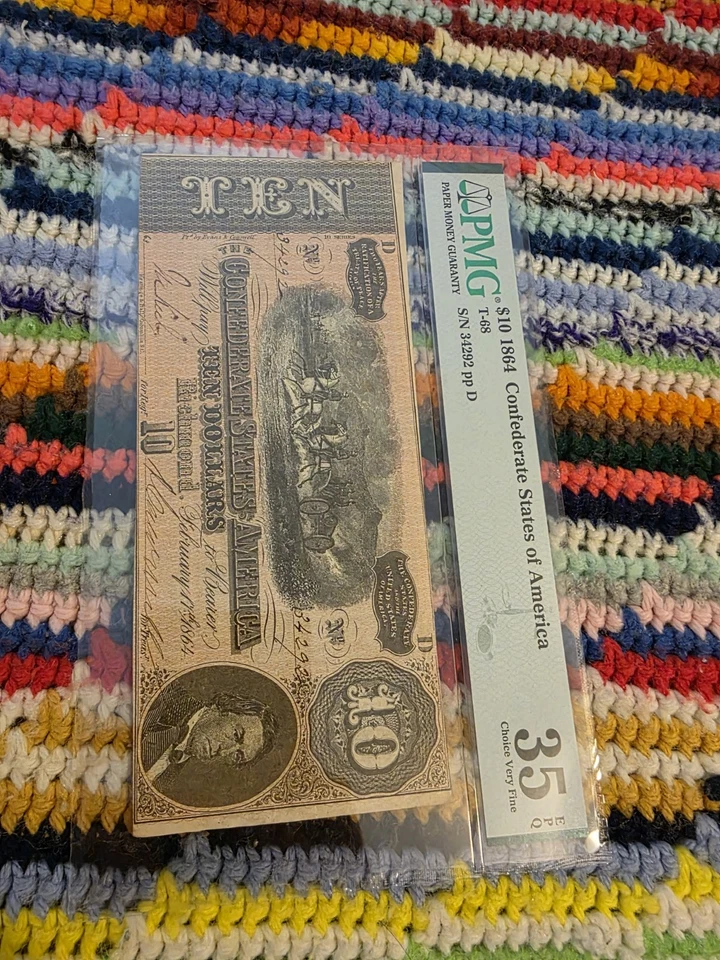 1864 $10 CONFEDERATE STATES OF AMERICA NOTE  Choice Very Fine 35 - Image 3 of 4