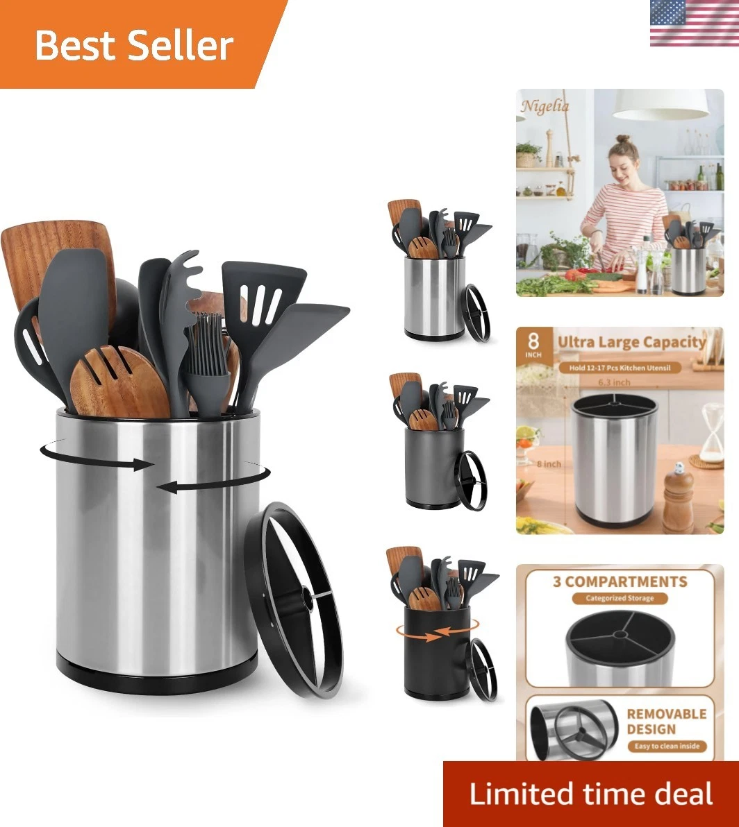 Extra Large Kitchen Utensil Holder, 360° Rotating Stainless Steel Cooking Ute...