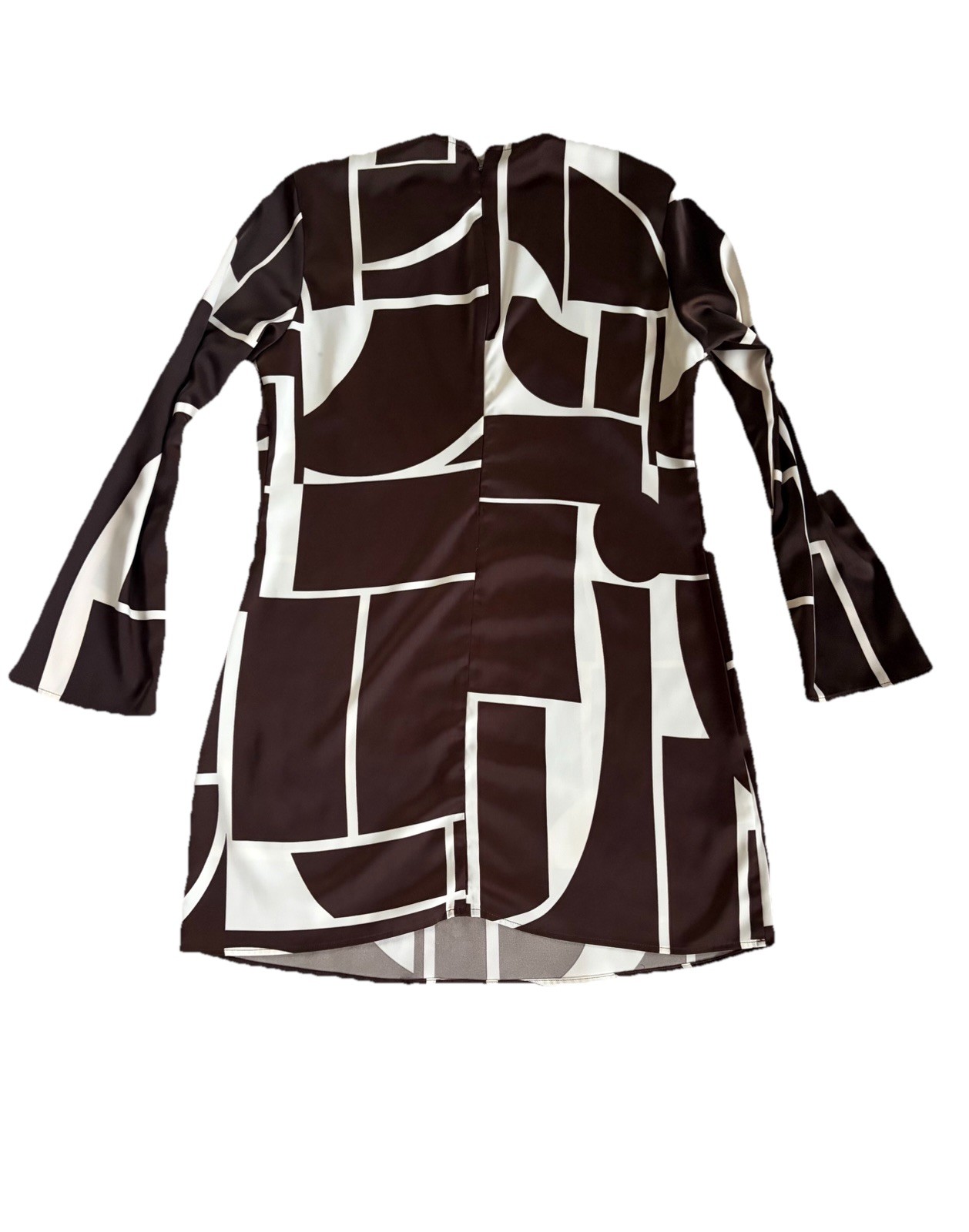 MNG Women's Brown White Geometric Print Round Neck Long Sleeve Tunic Top L