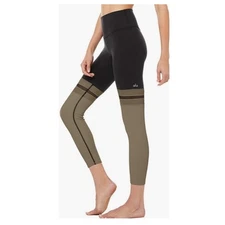 Alo Yoga 7/8 Player Leggings M Black Olive Green Striped Mesh Activewear Women