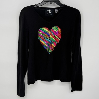 Michael Simon Event Black Long Sleeve Silk Blend Sequin Heart Sweater Top Large