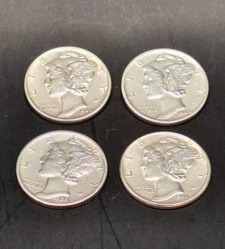 Set of 4 Mercury Dimes AU Almost Uncirculated 90% Silver 10C PDS Free Ship!!