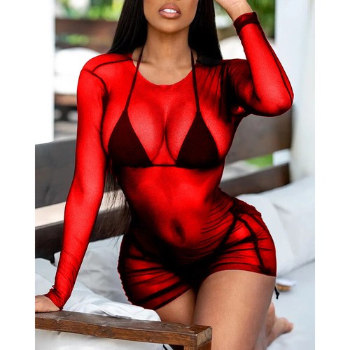 Women Sexy Sheer Mini Dress See-through Lingerie Bikini Beach Cover Up Clubwear - Picture 10 of 16
