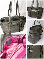 COACH Women s Patent Leather Gallery Tote Handbag Glossy Gray Fuchsia Lining